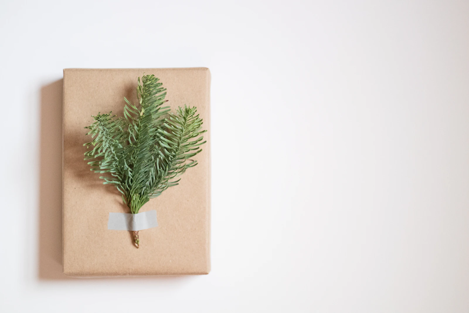 Cadeau de Noël emballé dans du papier kraft avec un brin de sapin