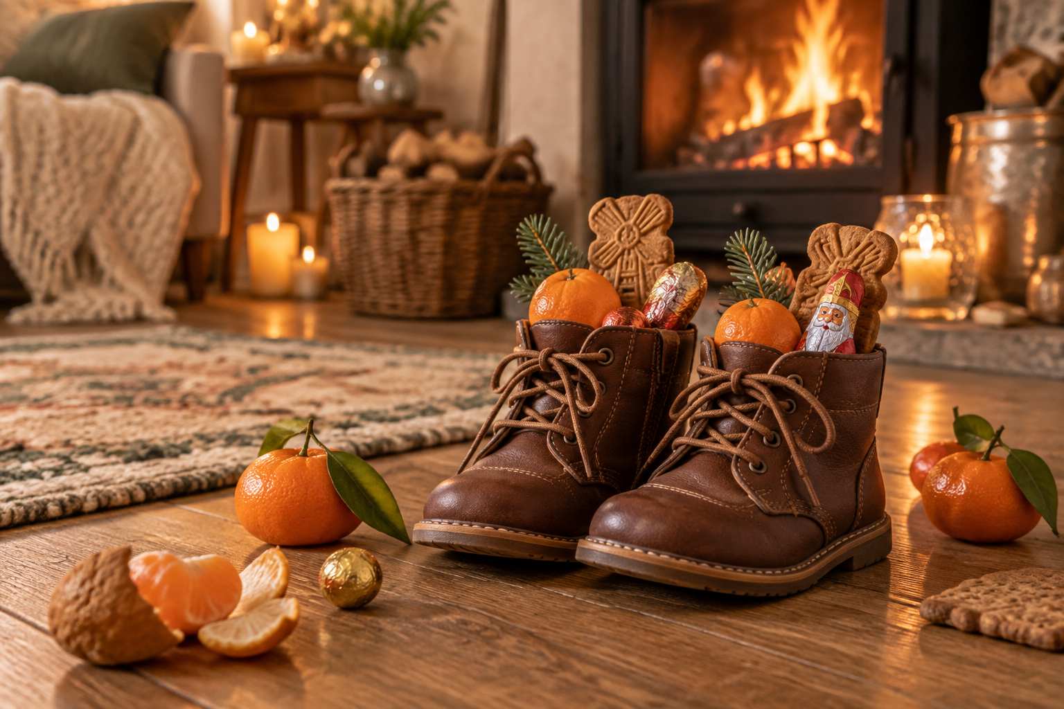 Petites chaussures d'enfant garnies de mandarines, spéculoos et chocolats devant une cheminée