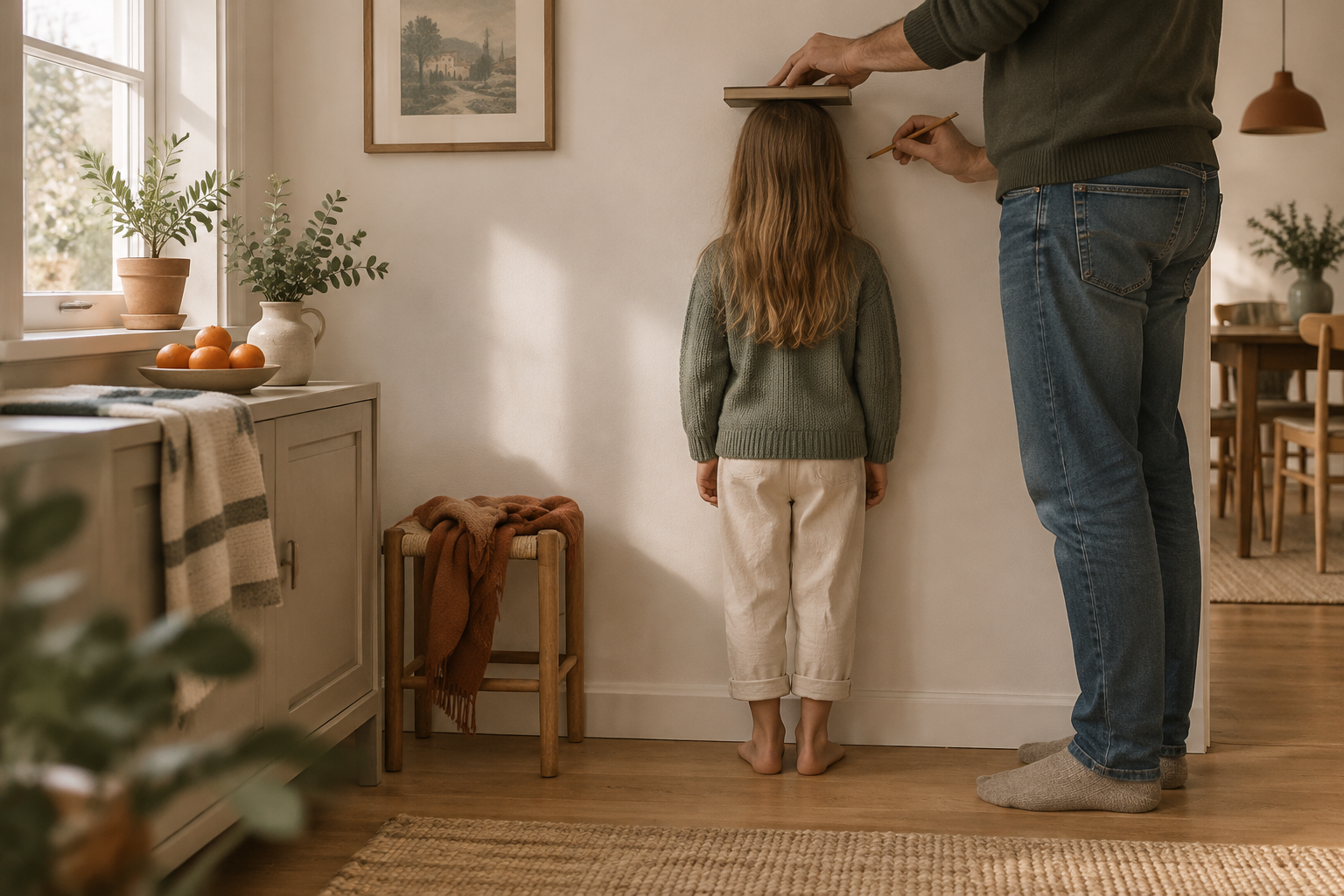 Enfant de dos contre un mur, un adulte pose un livre sur sa tête pour marquer sa taille