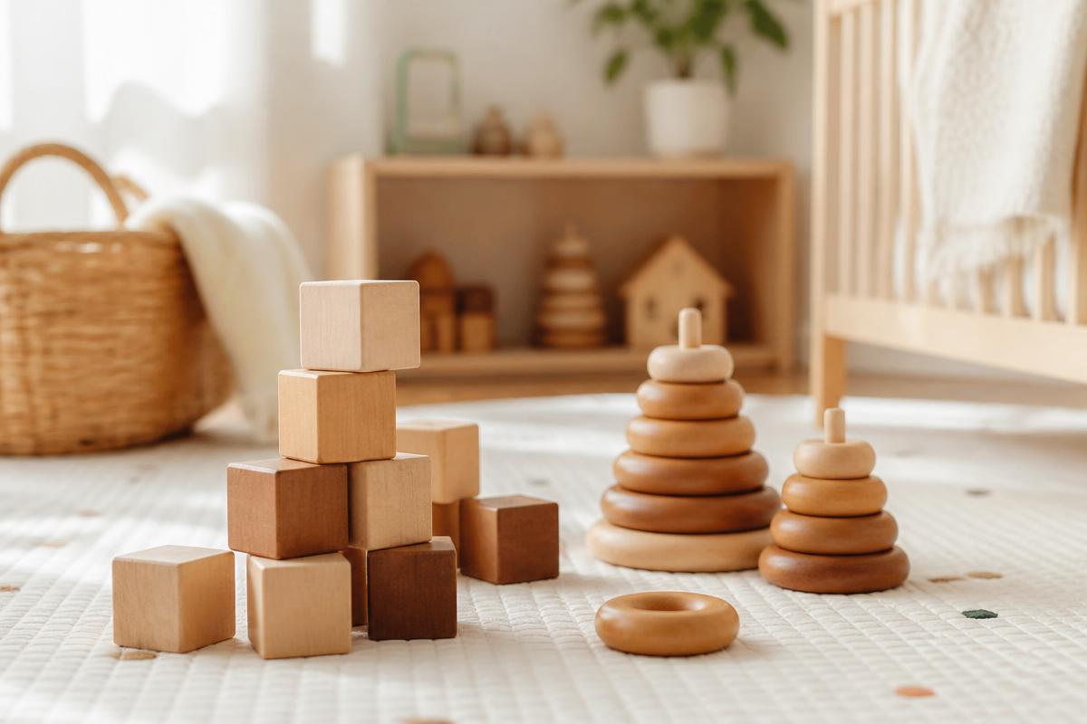 Cubes en bois et anneaux empilables sur un tapis de jeu clair