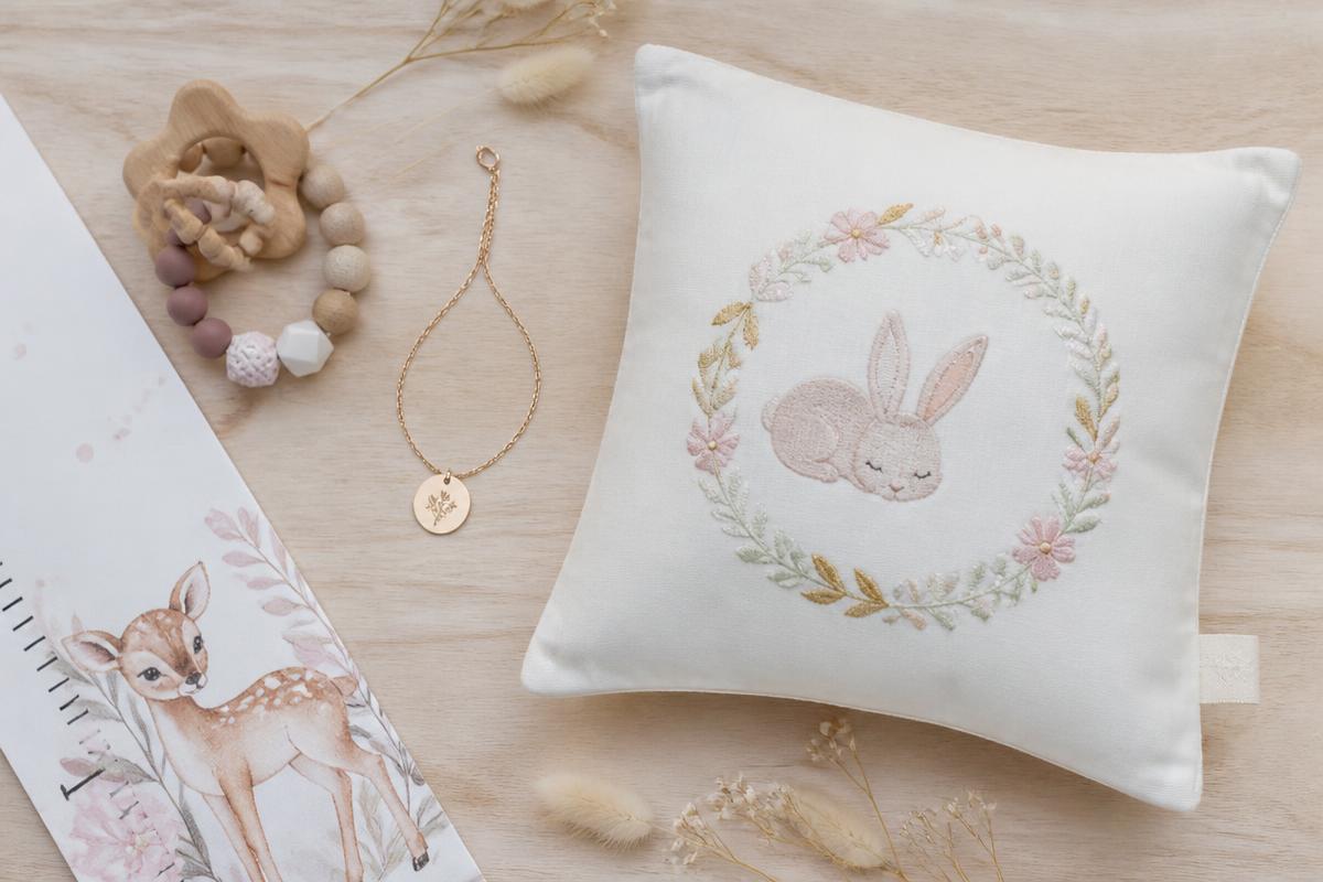 Objets de naissance personnalisés au prénom, dont une toise et un bijou gravé