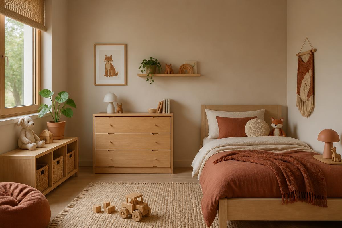 Chambre d'enfant aux murs beige argile avec touches de terracotta