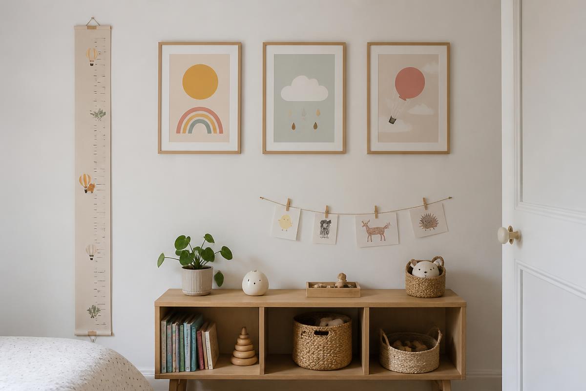 Mur de chambre d'enfant décoré sobrement avec une toise et des cadres interchangeables