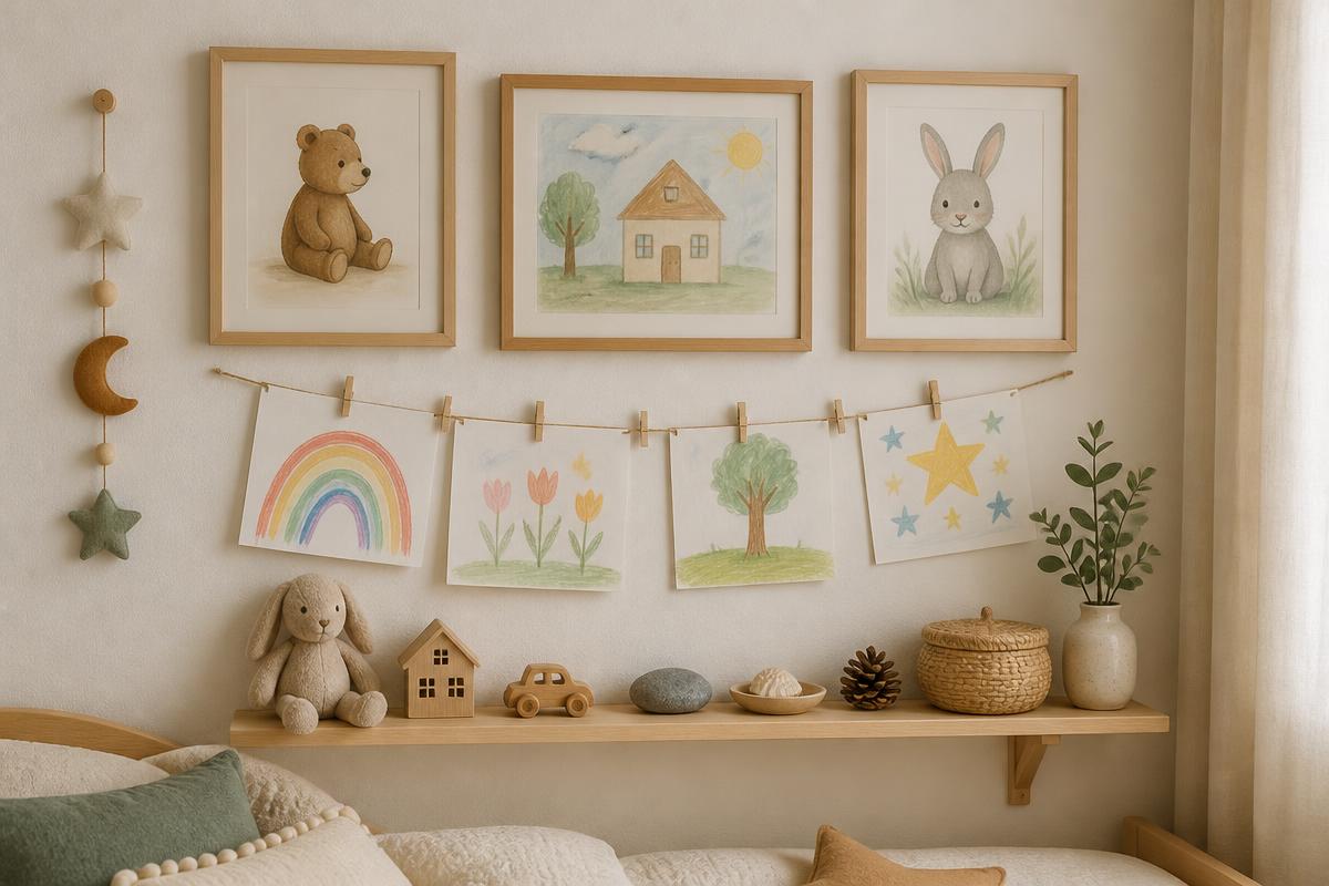 Mur de chambre d'enfant avec cadres, dessins et petits objets accrochés