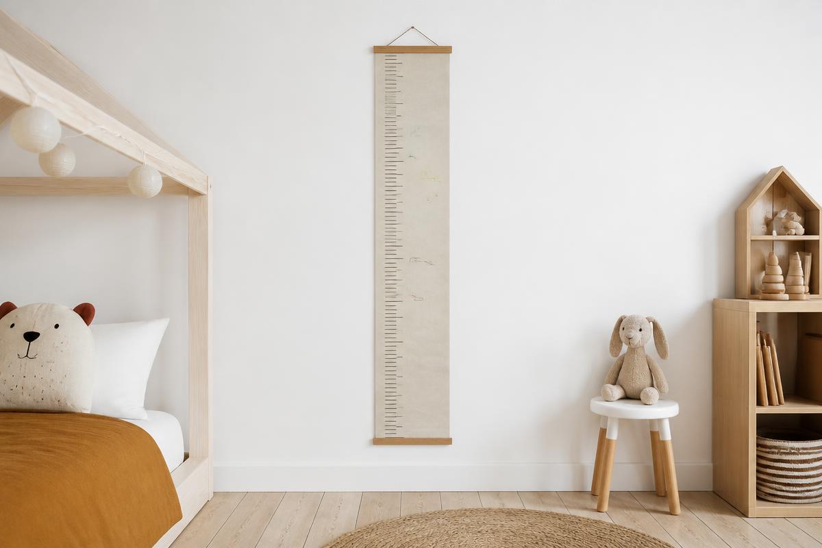 Toise murale personnalisée accrochée dans une chambre d'enfant, traits de mesure au crayon